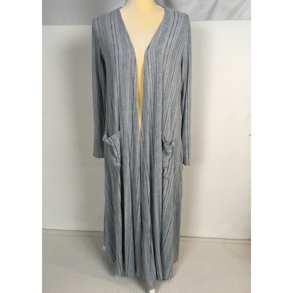 LuLaRoe Womens Long Open Front Cardigan Size S Front Pockets Blue Gray Stripped